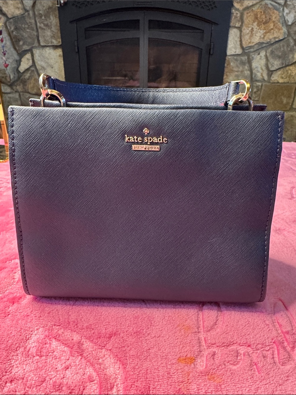 NWOT Kate Spade Structured Mini Satchel Navy Diagonal Texture Gold Hardware